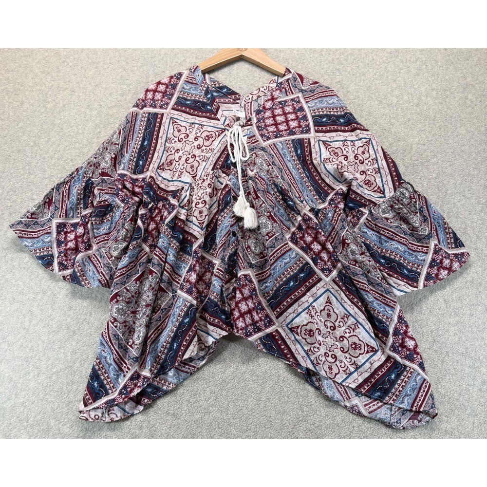 Love Holic Womens Blouse Red Blue AOP Patchwork Bell Sleeve Tassel Drawstring S